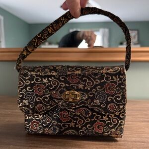 Vintage Elegant Black and Gold Floral Mini Purse Evening Brocade Bag Turnlock